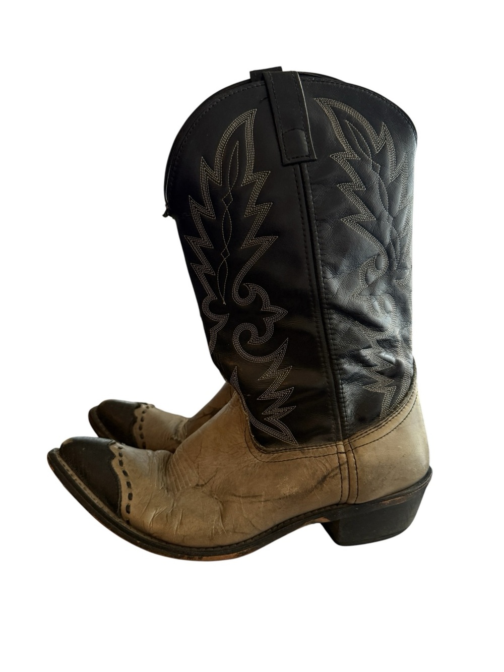 Vintage Laredo Men’s 12D Two Tone Leather Cowboy Western Boots Black Tan Cap Toe - Picture 2 of 9
